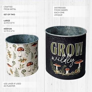  Black "Grow Wildly" bucket and cream botanical mushroom print bucket showing distressed metal finish