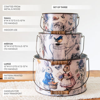 Easter Botanical Illustrated Metal Bucket Planters, Set of 3