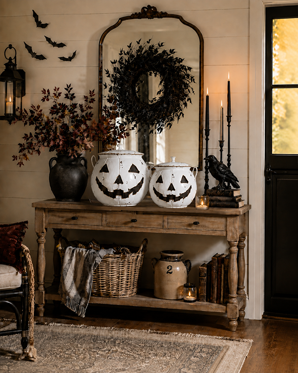 Distressed Jack-o-Lantern Candy Bucket with Lid, Set of Two
