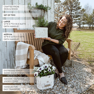 Rustic outdoor bench with decorative metal planters