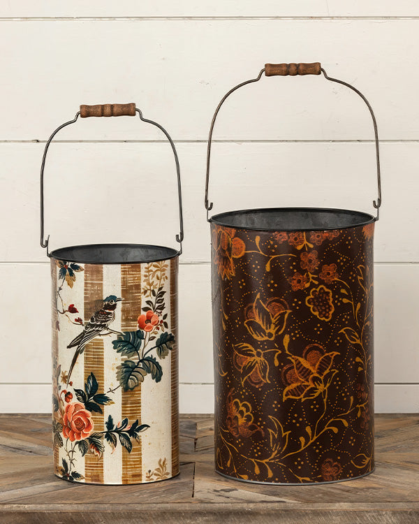 Vintage Floral Pattern Metal Decorative Buckets Set of 2
