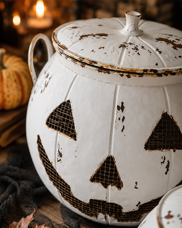 Distressed Jack-o-Lantern Candy Bucket with Lid, Set of Two
