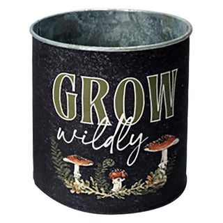 Close-up of "Grow Wildly" typography with illustrated mushrooms and ferns on black metal bucket