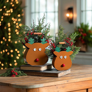 Rustic Reindeer Metal Bucket Planters with Handles, Set of Two