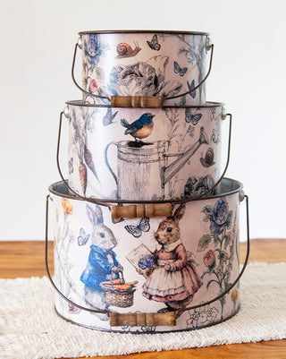 Botanical Illustrated Metal Bucket Planters, Set of 3