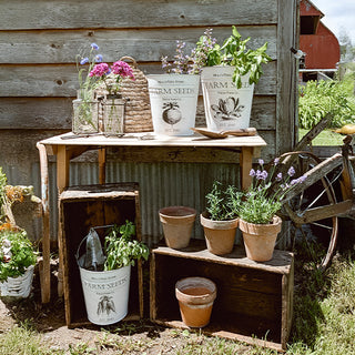 Rustic garden display with farmhouse seed bucket planters