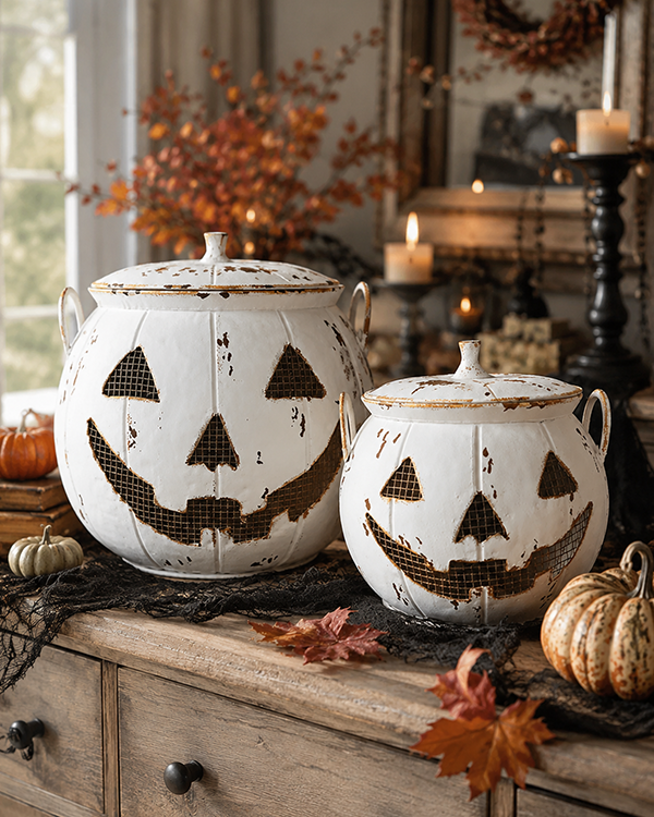 Distressed Jack-o-Lantern Candy Bucket with Lid, Set of Two