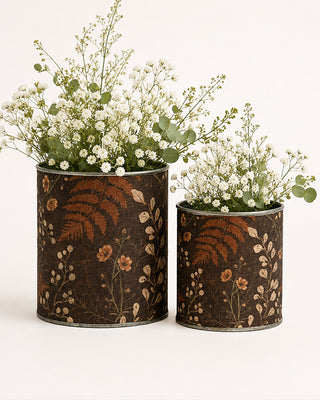 Timeless Flower and Fern Metal Buckets with Botanical Wrap, Set of 2