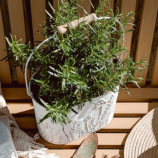 White metal planter set with handles, outdoor decor