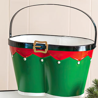  Close up of green metal bucket with painted red elf belt gold buckle detail and scalloped white trim showing white interior finish