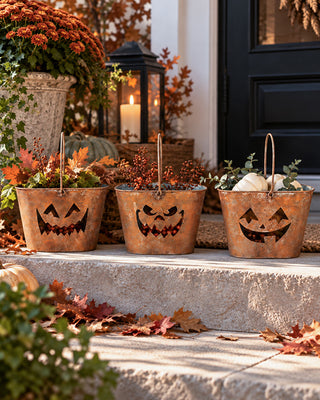 Rust-Finish Pumpkin Face Buckets, Set of 3