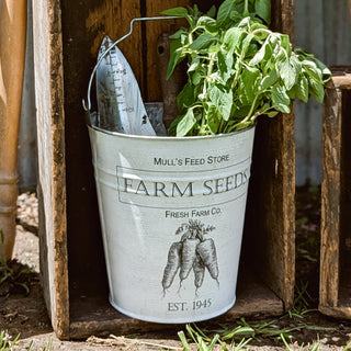 White distressed Farm Seeds metal bucket