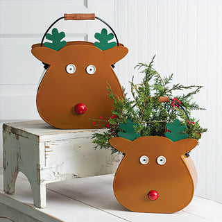Rustic Reindeer Metal Bucket Planters with Handles, Set of Two