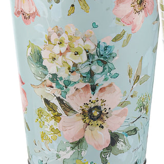 Floral print metal vase close-up pastel botanical pattern