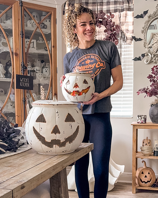 Distressed Jack-o-Lantern Candy Bucket with Lid, Set of Two