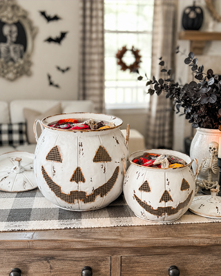Distressed Jack-o-Lantern Candy Bucket with Lid, Set of Two
