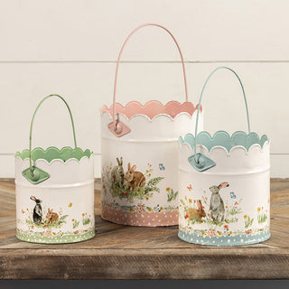 Scalloped Edge Easter Bunny Metal Buckets, Set of Three