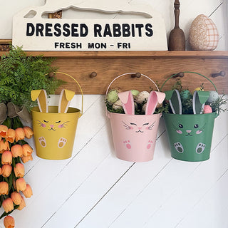 Woman holding bunny Easter bucket farmhouse decor


