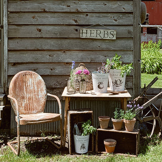 Outdoor herb garden setup featuring Farm Seeds buckets