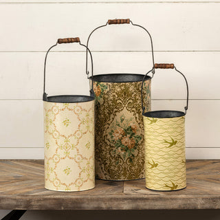 Vintage Floral & Damask Patterned Metal Buckets with Wood Handles, Set of 3