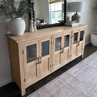 Light oak wood sideboard buffet with glass cabinet doors