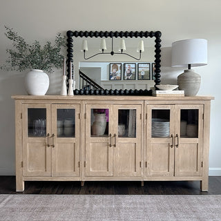 Wide wooden sideboard buffet with glass doors and storage