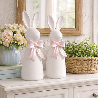 White bunny figurines set of 2 pink bow Easter spring decor
