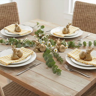 Spring Easter table decor with gold bunny figurines