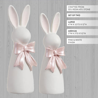 Resin stone white rabbit figurine with pink pearlescent bow 12 inch
