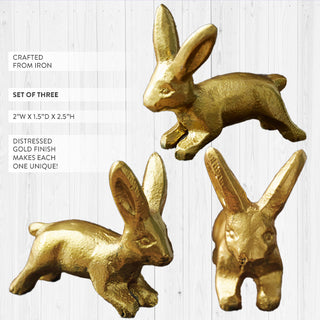 Gold iron rabbit figurines showing hopping running and sitting poses