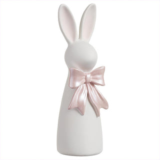 Spring bunny figurine set white pink bow mantel shelf decor
