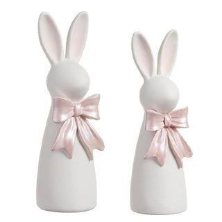 White ceramic style bunny figurines tall ears pink ribbon bow set
