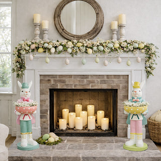 Easter bunny fireplace mantel decor with pastel bowls