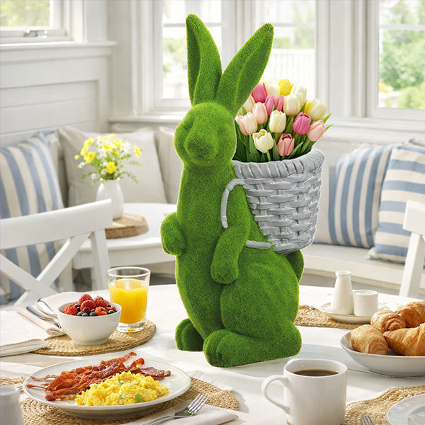 22 Inch Flocked Green Bunny Planter with Basket