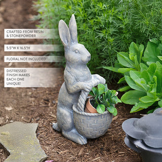 Distressed Stone Bunny Planter with Woven Basket