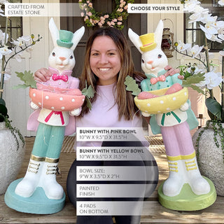 Oversized Easter bunny statues holding decorative bowls