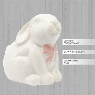 white ceramic rabbit figurine pink bow cottage farmhouse shelf accent
