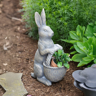 Distressed Stone Bunny Planter with Woven Basket
