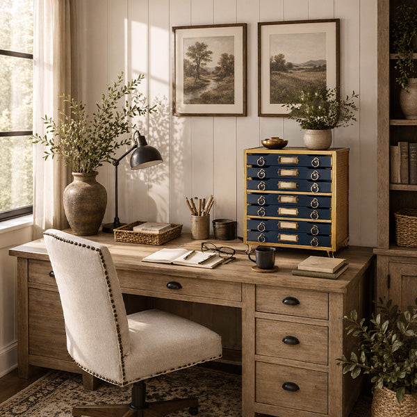 Vintage desktop organizer on rustic home office desk