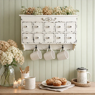 Distressed white wall cabinet with drawers and mug hooks