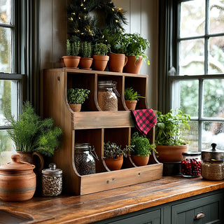 Rustic wooden wall cubby organizer styled on a kitchen counter with potted herbs, jars, and farmhouse holiday décor.