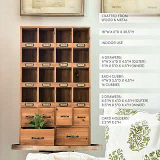 Full view of 30 inch tall library card catalog style storage cabinet with 6 drawers and 16 open compartments