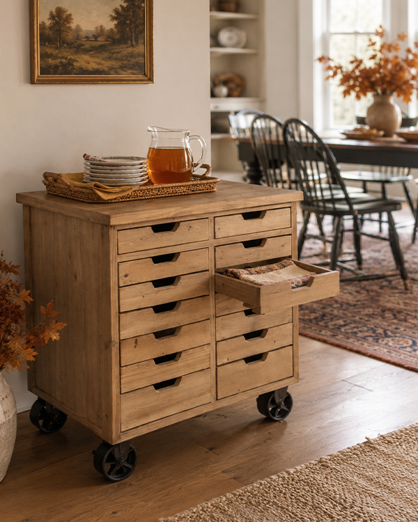Rustic Rolling Wooden Cabinet with Drawers