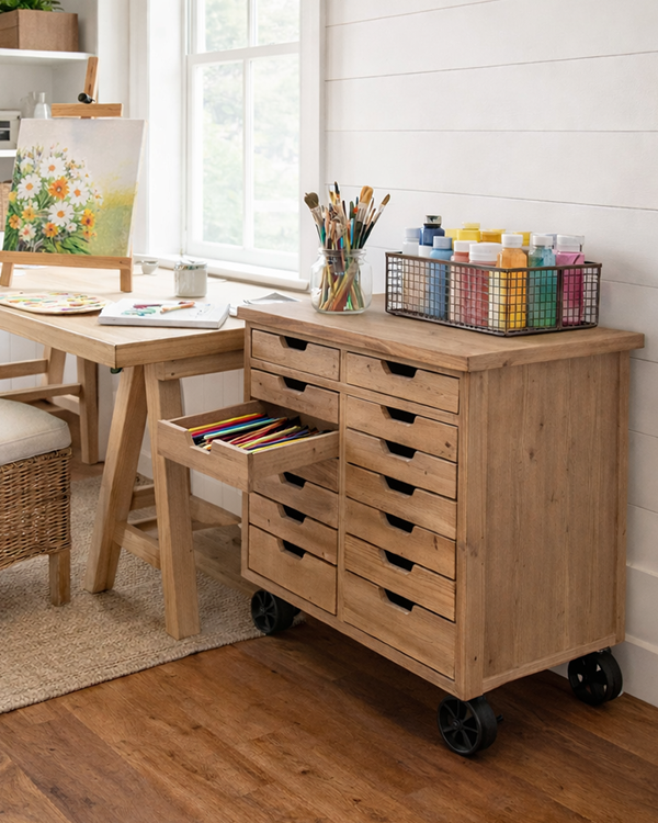 Rustic Rolling Wooden Cabinet with Drawers