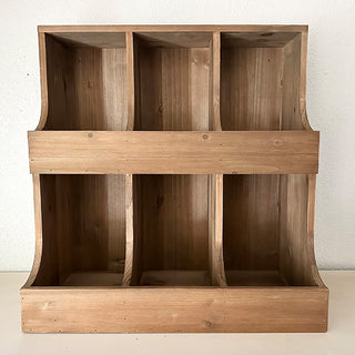 Empty rustic wooden cubby shelf with six compartments, showcasing natural wood grain for farmhouse wall décor.