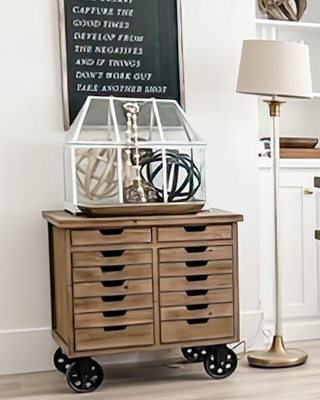 Rustic Rolling Wooden Cabinet with Drawers