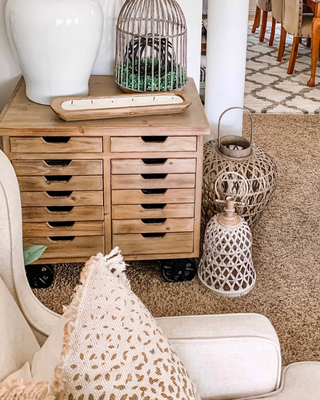 Rustic Rolling Wooden Cabinet with Drawers