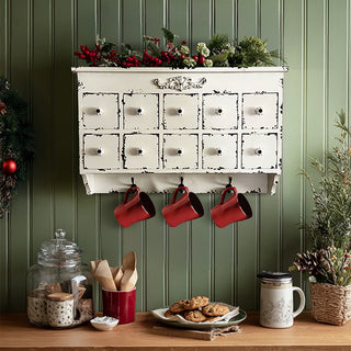 Ivory Distressed Ten Drawer Wall Cabinet with Hooks