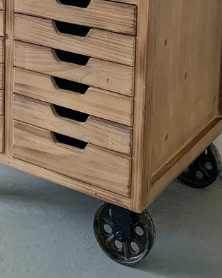 Rustic Rolling Wooden Cabinet with Drawers