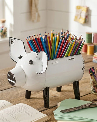 Distressed White Pig Desk Caddy